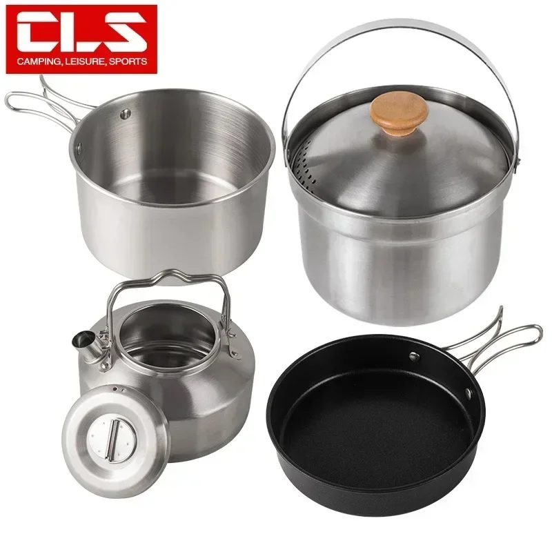 New Set 4pcsOutdoor Stainless Steel Pot Set Camping Family Pot Set 1L Portable Picnic Soup Pot Frying Steaming Household Camping