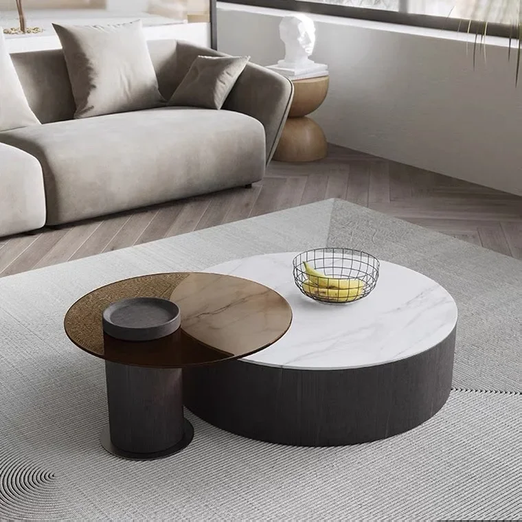 

A Minimalism Round Slate Rock Coffee Table Modern Living Room Glass Top Center Table Two Pieces Sofa Center Table
