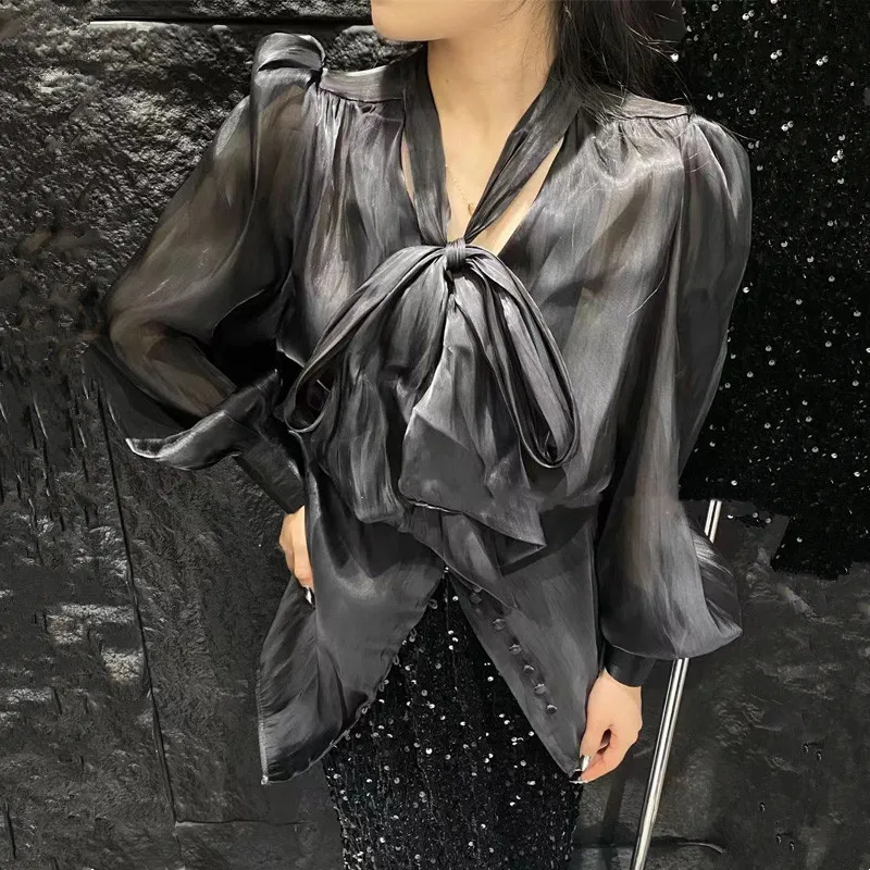 2024 New Fashion Women Blouse High Street Bowknot Collar Long Puff Sleeve Single Breasted Loose Shirt Tops