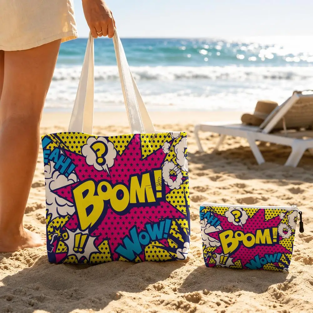 Popular No. 1 POP Storage Bags 2-Piece Double-Sided Printed Canvas Tote Bag Set with Zipper Shoulder Bags Handbags