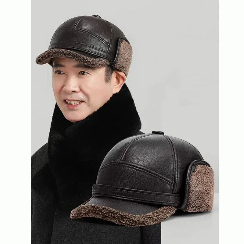 Winter outdoor Men\'s Leather The Bomber Hat Thicken Leather Cowhide Baseball Caps keep warm With Ears Warm Dad\'s Hats