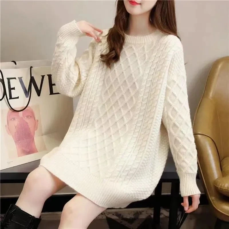 2025 Spring Autumn Long Twist Pullover Sweater Dress Women Outer Wear Elegant Loose Long Sleeve Coarse Knitte Pullover Sweaters