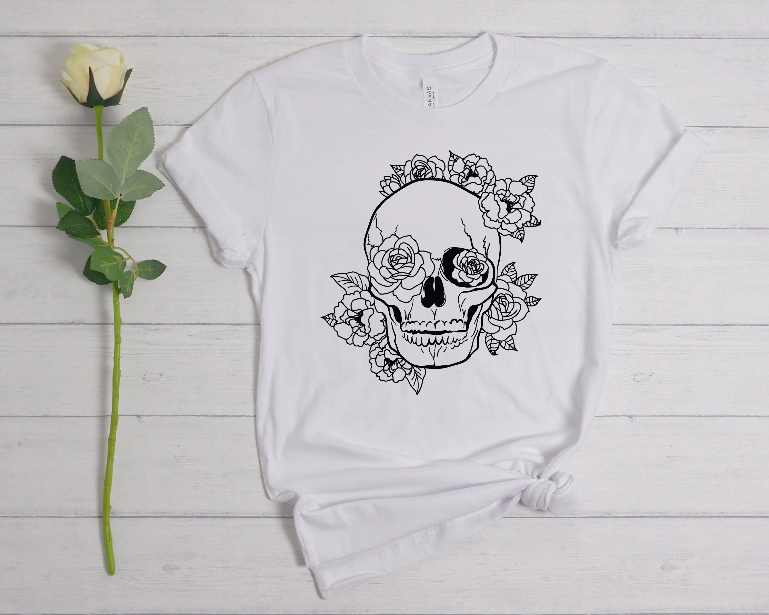 Floral Skull T Shirt Flowers Gothic Tribal Boho Ethnic Rustic Hippie Halloween