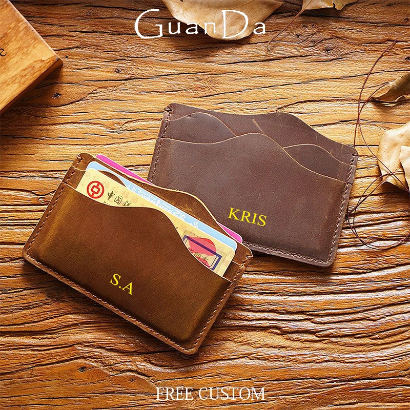 Custom Initials Vintage Card Wallet Cowhide Man Woman Luxury Card Holder Creative Wave Real Leather Personalized Card Bag Gift