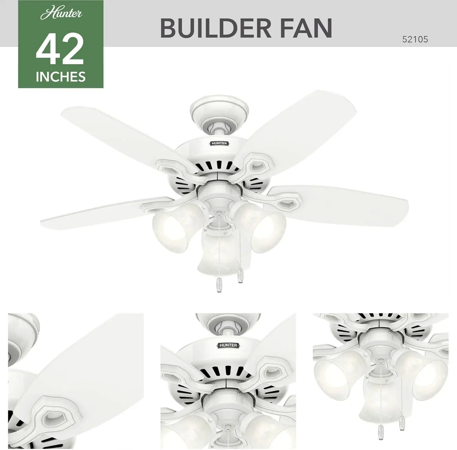 Fan Company, 52105, 42 inch Builder Snow White Ceiling Fan with LED Light Kit and Pull Chain