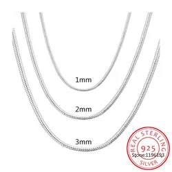 100% Real 925 Silver 1MM/2MM/3MM Snake Chain Necklace For Men Women Silver Necklaces Fine Jewelry