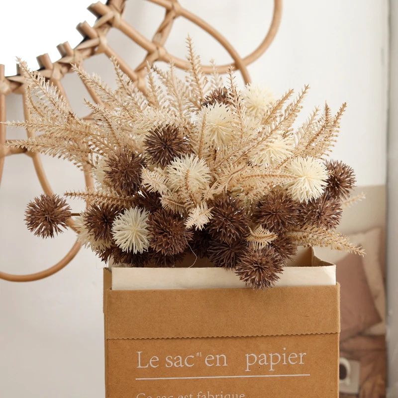 6/12pcs Artificial Prickly Ball Flower Plastic Brown Fake Plant DIY Home Wedding Living Room Cheap Vase Decor Christmas Supplie