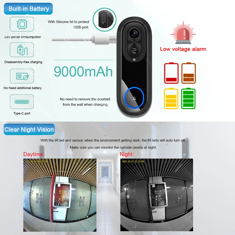 Imagem -06 - Wireless Wifi Doorbell Video Intercom Campainha com Câmera 1080p Tuya Smart Home Proteção de Segurança Detecção de Movimento Pir