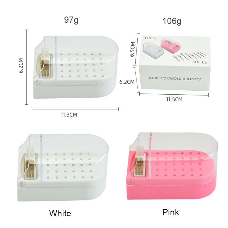 30 ثقوب الاهليلجية مسمار الحفر الملحقات ولقم صندوق تخزين الفن الأظافر طحن حامل الرأس عرض الوردي الأبيض مانيكير صندوق فارغ