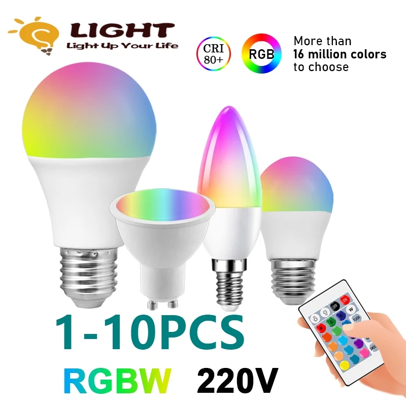 

1-10PCS LED Intelligent RGBW bulb AC220V GU10 A60 G45 C37 24 key infrared remote control 6W 10W color plus white light dimming