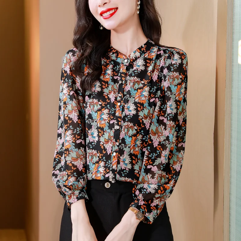 2024 Spring New Fashion Floral Chiffon Temperament Patchwork Half Height Collar Long Sleeve Blouse Printing Loose Elegant Tops