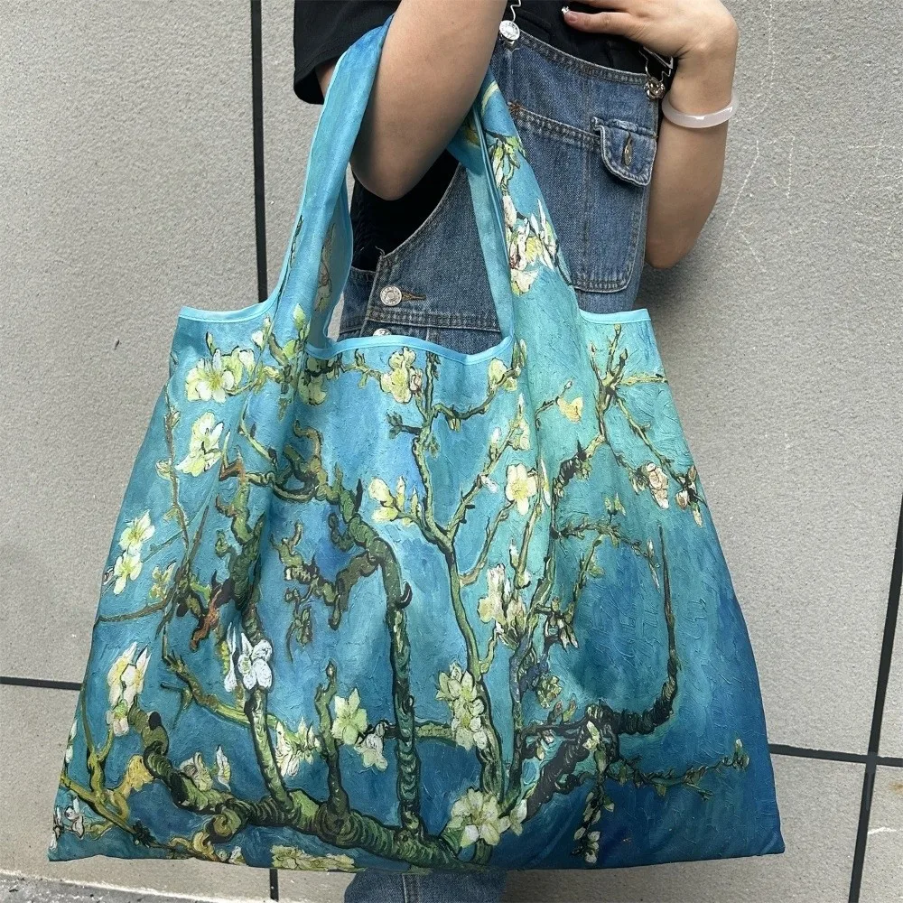 Oil Painting Print Folding Shopping Bag Portable Design Foldable Feature Grocery Bag Positioning Design Large Capacity Tote Bag