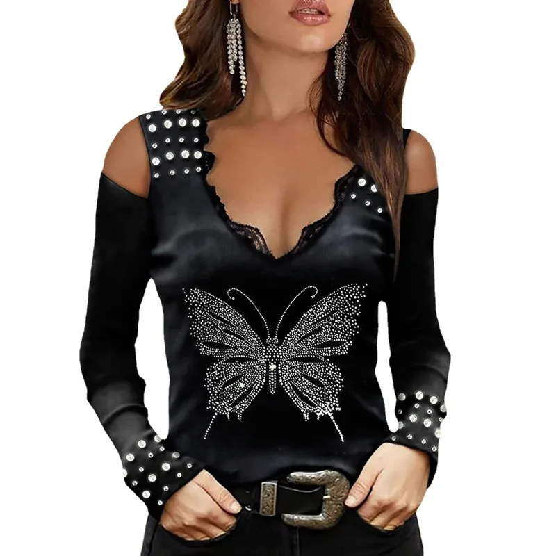 

New Lace V-neck Long-sleeved Off-shoulder Women's Long-sleeved Top