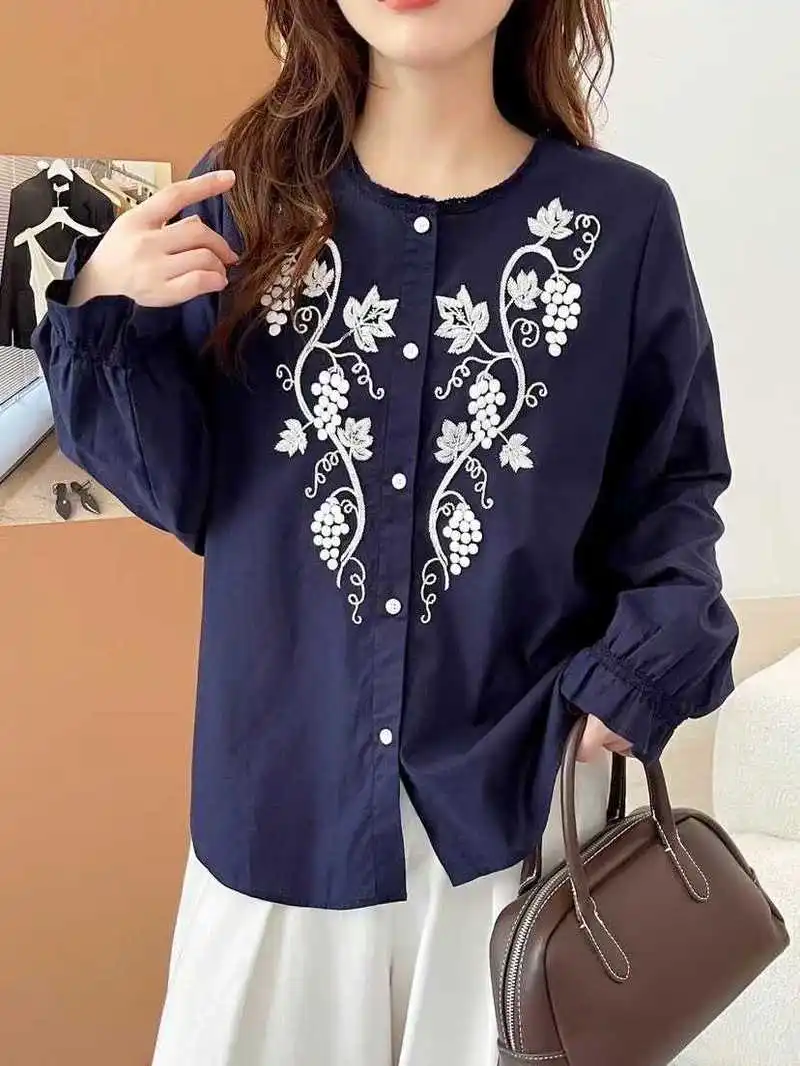 جديد 2025 الخريف قميص قطني بكم طويل ، المرأة س الرقبة التطريز ، موري فتاة ريترو اليابان نمط تنوعا بلوزة فضفاضة T59216CC