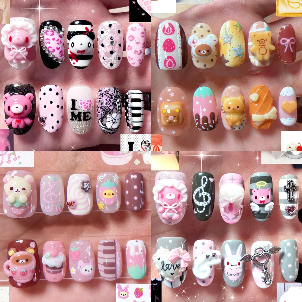 

10 Pcs Handmade Kawaii 3D Doll Rilakkuma Press On Nails Art Chocolate Cream Cute Animals Rabbit Bear Short Portable Fake Nails