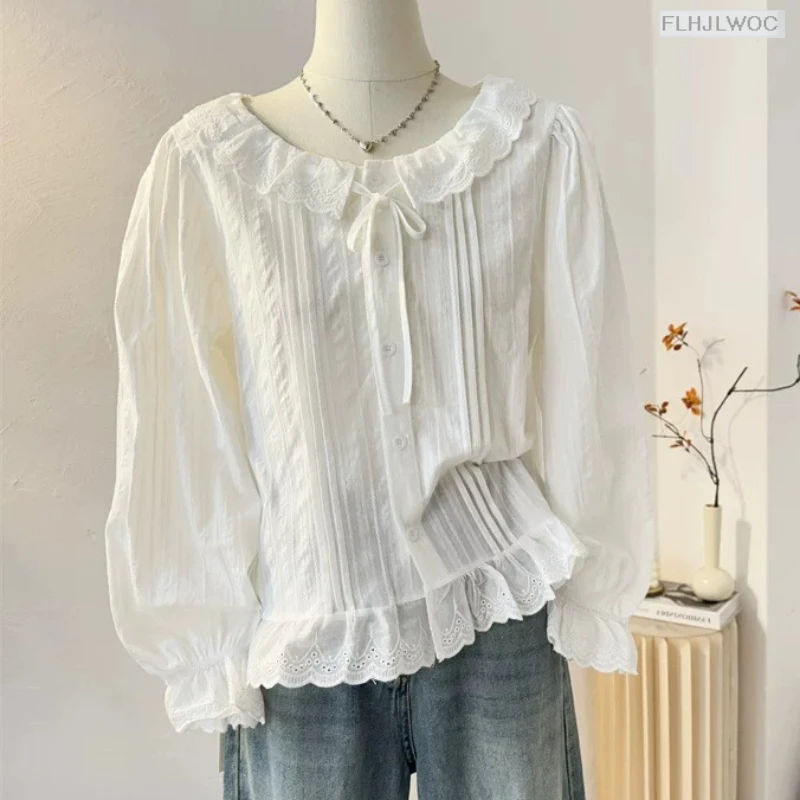 Cute Cotton Blends Tops Short New Design 2025 Woman Summer Short Sleeve Ruffles Casual Hollow Out White Lace Shirts
