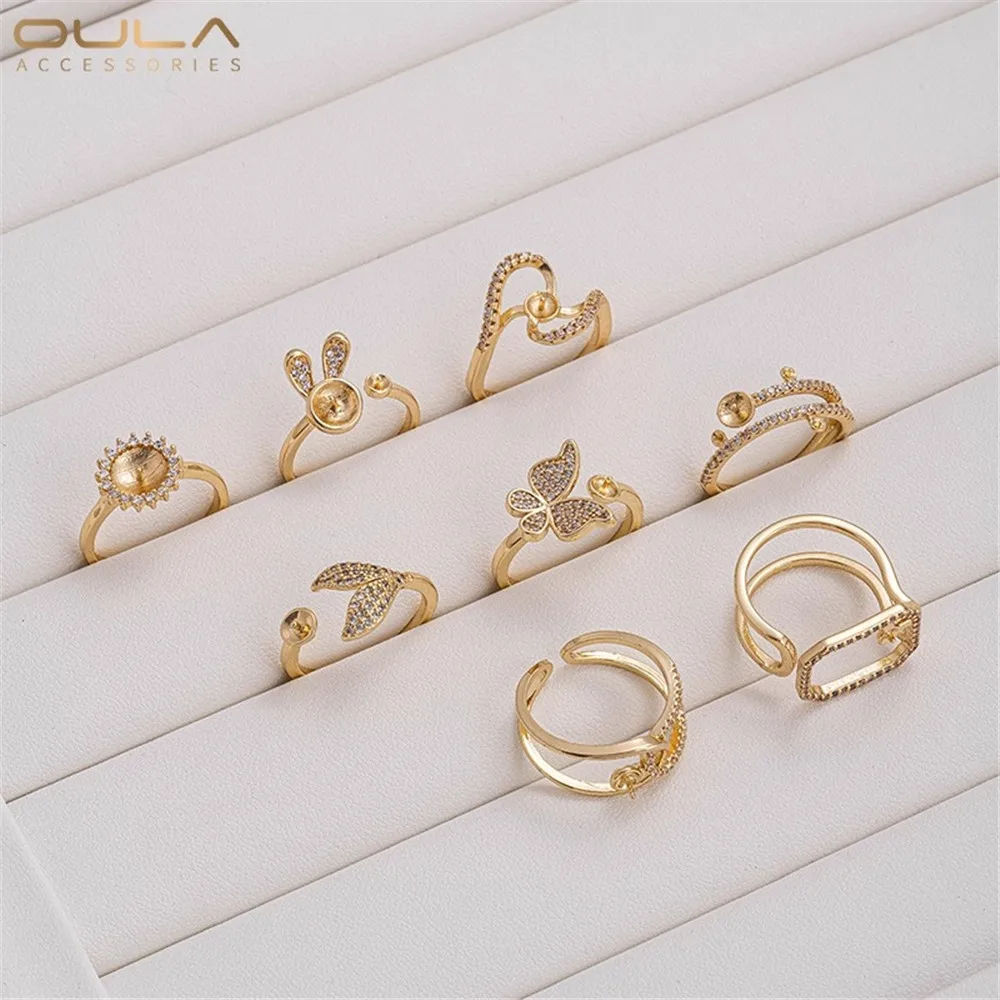 1pcs 14K Gold-plated Crystal Pearl Setting Ring with Zircon Butterfly Fish Tail Ring, High-end Handcrafted Diy Sticky Bead Ring
