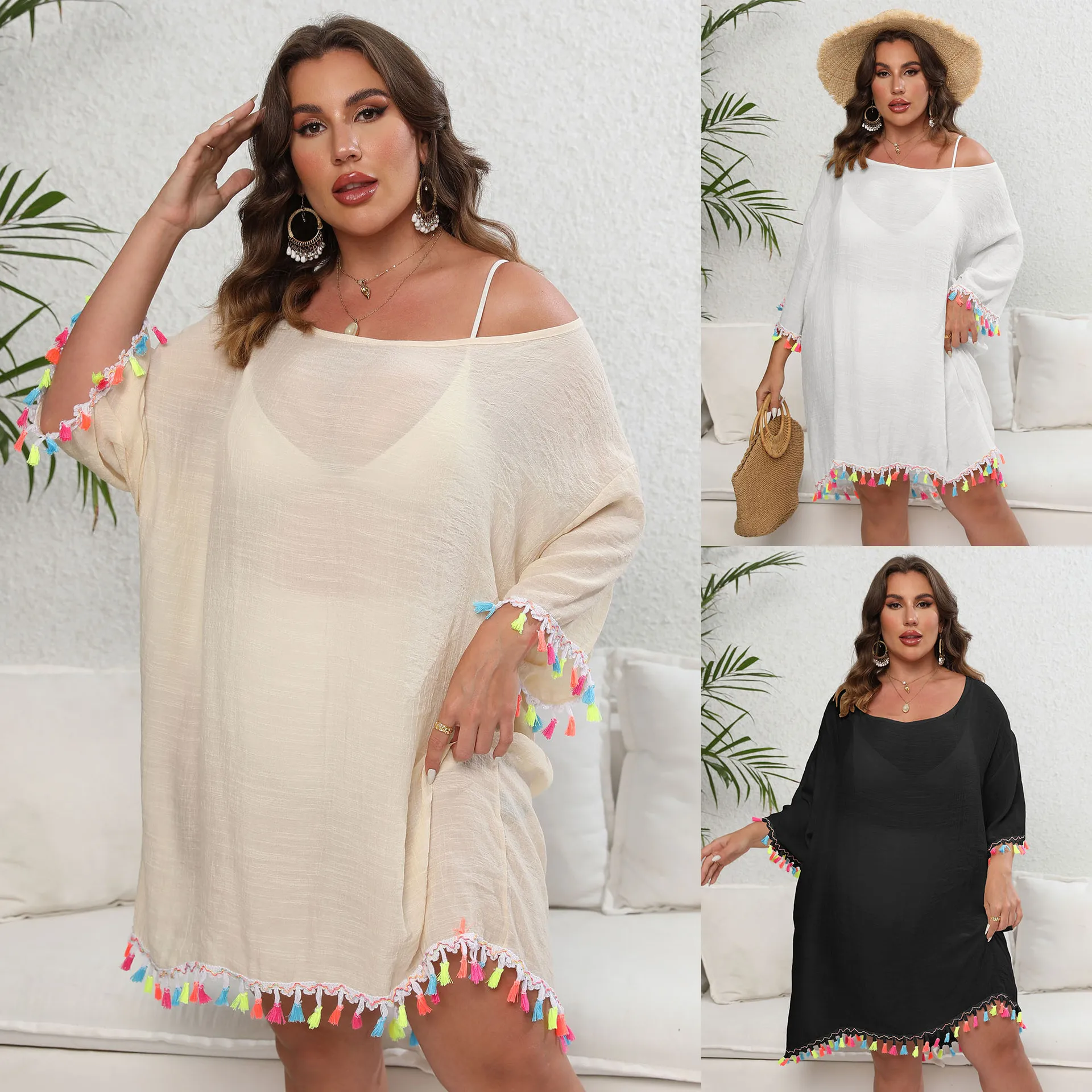 

3XL Large Size Beach Cover Ups for Women 2024 Summer Beach Dress Tassel Sarong Beachwear White Pareo Plus 2023 Swim Cover-ups