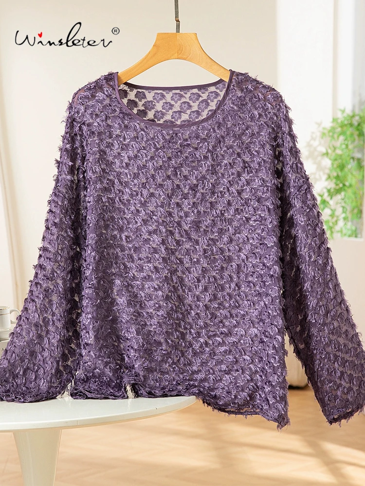 

Winsleter- Women 100%Real Silk Elegant Shirt, Long Sleeve O Neck Cutting Flowers, Retro Chic Loose Blouse, 2025 Autumn T5O625CC