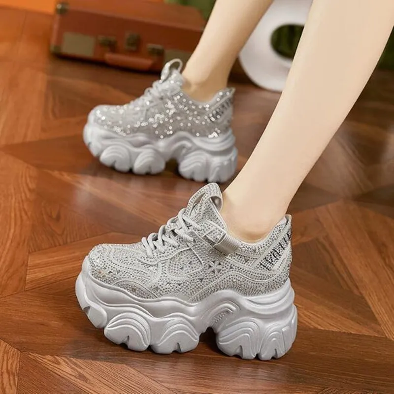 

New Women Spring 11CM Thick-soled Shoes with Stars and Rhinestones All-match Casual Shoes Inner Height-increasing Women Sneakers