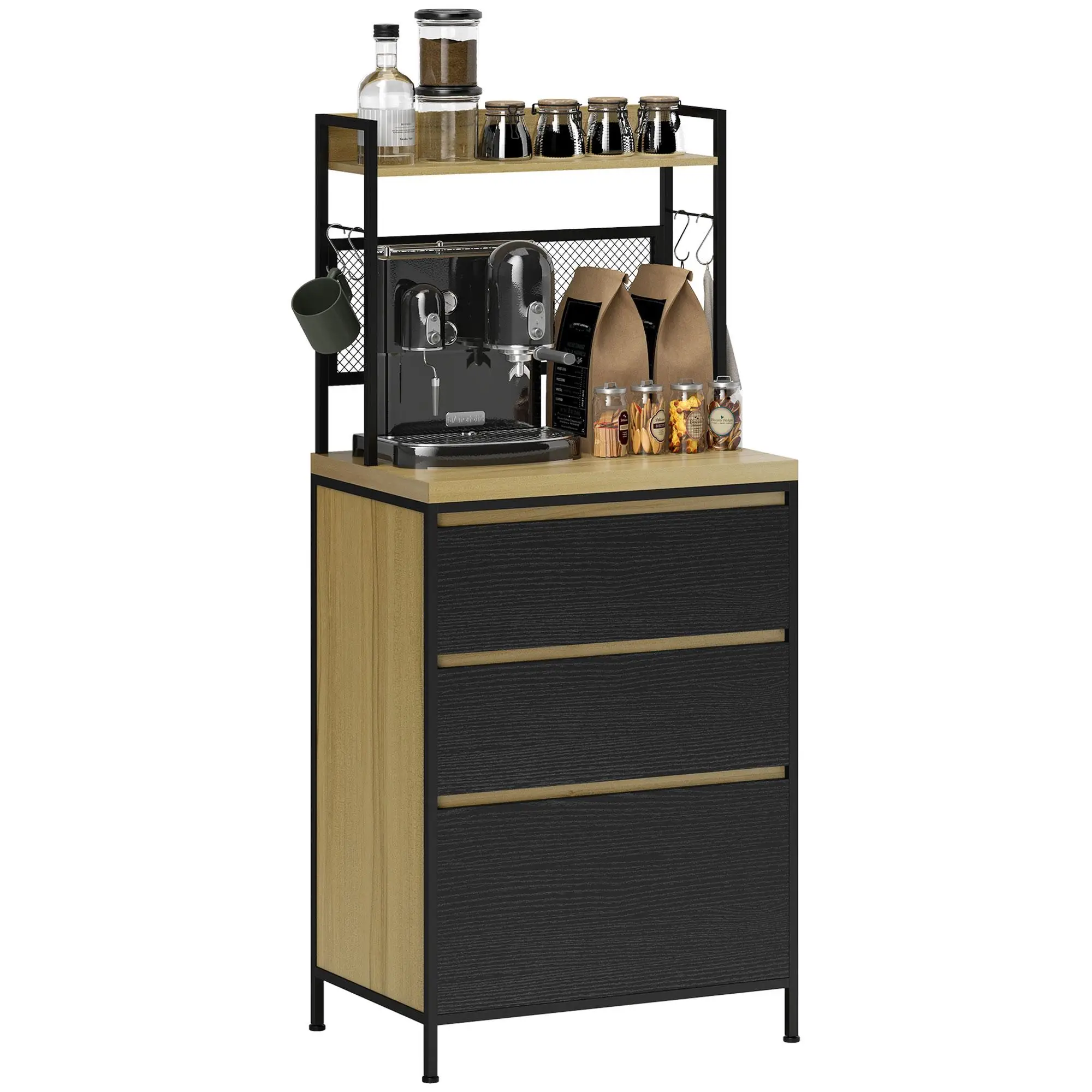 HOMCOM Commode de cuisine industrielle avec 3 tiroirs, étagère de travail et 4 crochets, 60x40x132cm