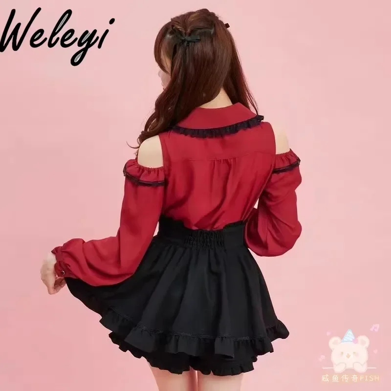 Jirai kei kawaii lolita hemden frauen herbst von der schulter schleife anhänger liebe spitze kante mine massen produktion camisas e blusas