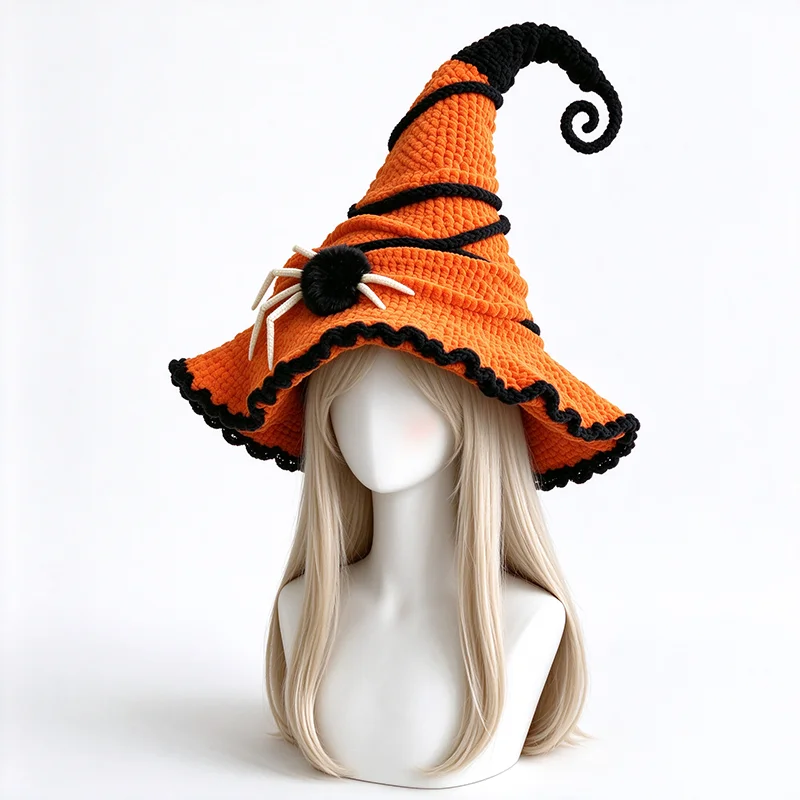 Handmade Halloween Solid Pointed Witch Wizard Hat Women Custom Croche Ruffled Spider Decor Knitted Beanie Cosplay Festival Cap