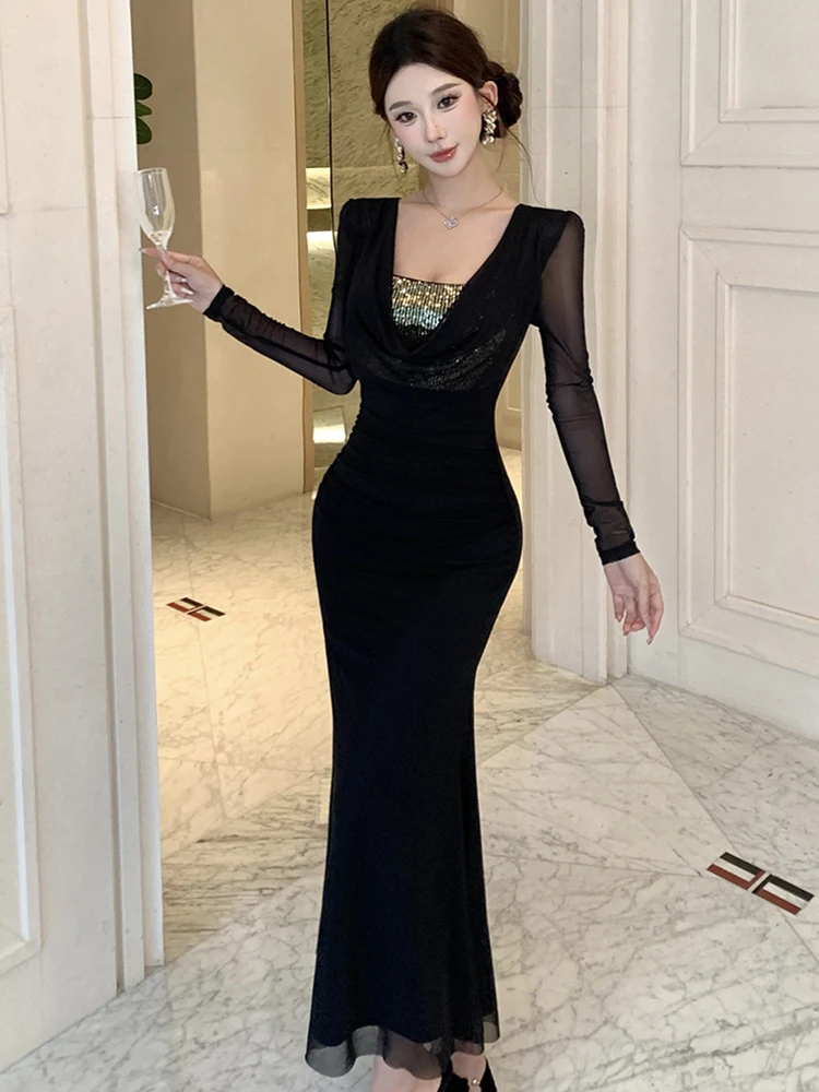 

Women Pink Mesh Patchwork Sequins V-Neck Sexy Long Dress Autumn Winter Korean Elegant Dress 2025 Fashion Chic Festival Vestidos