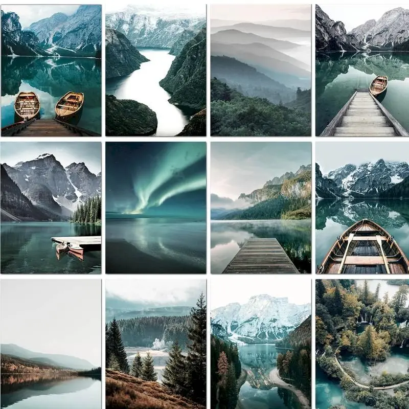 

Акриловая картина по номерам, река, горный пейзаж, ручная роспись, картины по номерам для взрослых, подарок, лодка на холсте