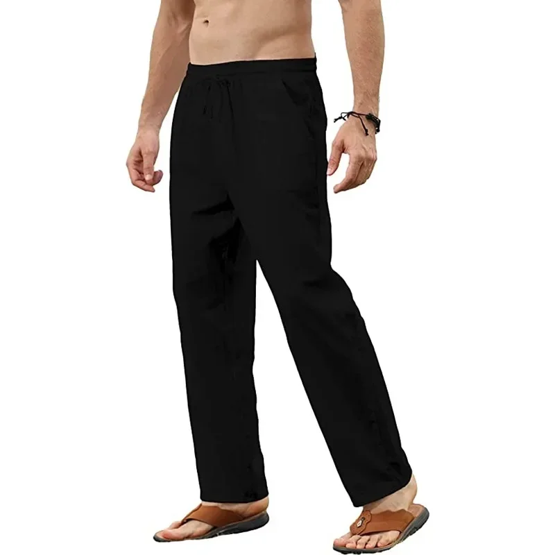 2025 New Men's Beach Pants Joggers Streetwear Cotton Linen Sweatpants Casual Pants Hawaiian Vacation Loose Summer Long