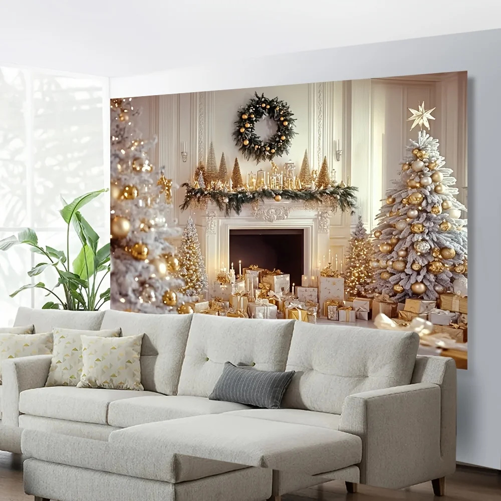 VIKAMA American Christmas Tapestry Fireplace Wreath Christmas Tree Gift Box Living Room Background Wall Room Decoration
