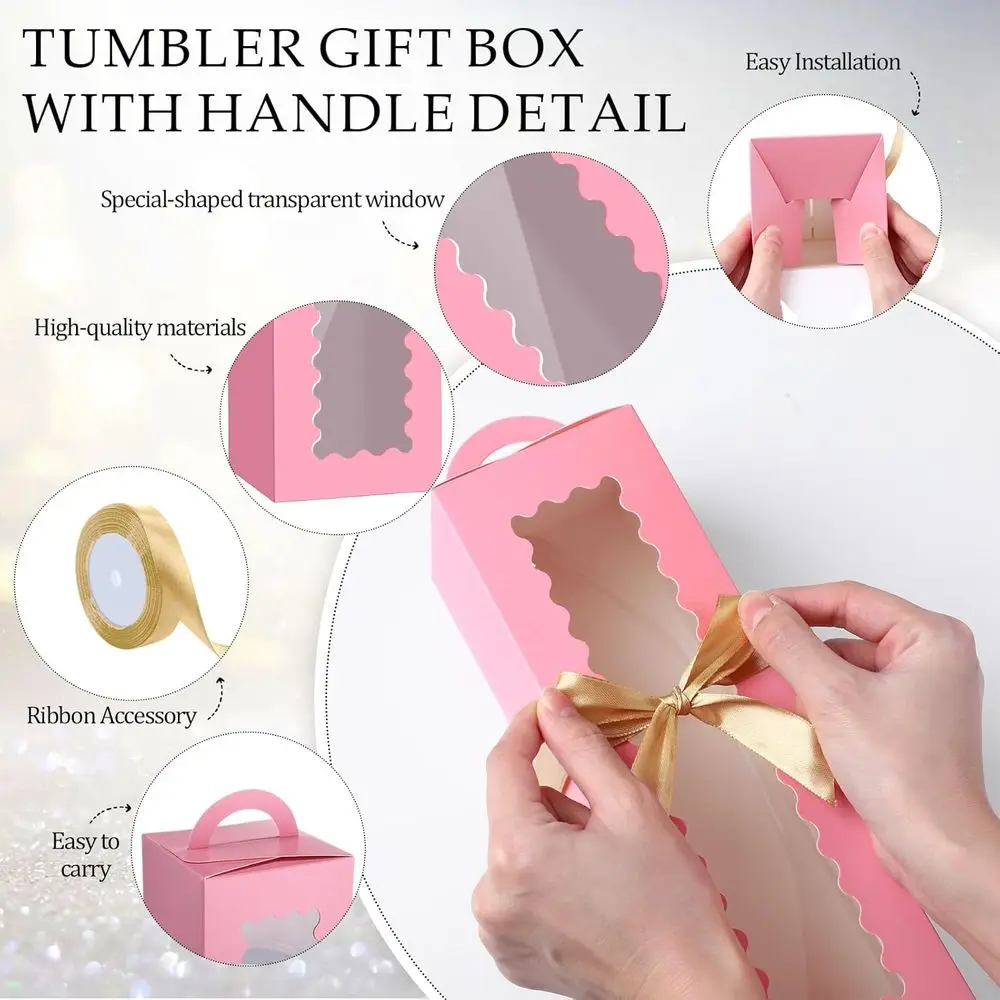 علب هدايا بهلوان من الزجاج الشفاف مكونة من 100 قطعة مع مقبض نافذة وأشرطة وأحجام لـ 12 أونصة، 16 أونصة، 20 أونصة، 30 أونصة - مثالية لـ Chri