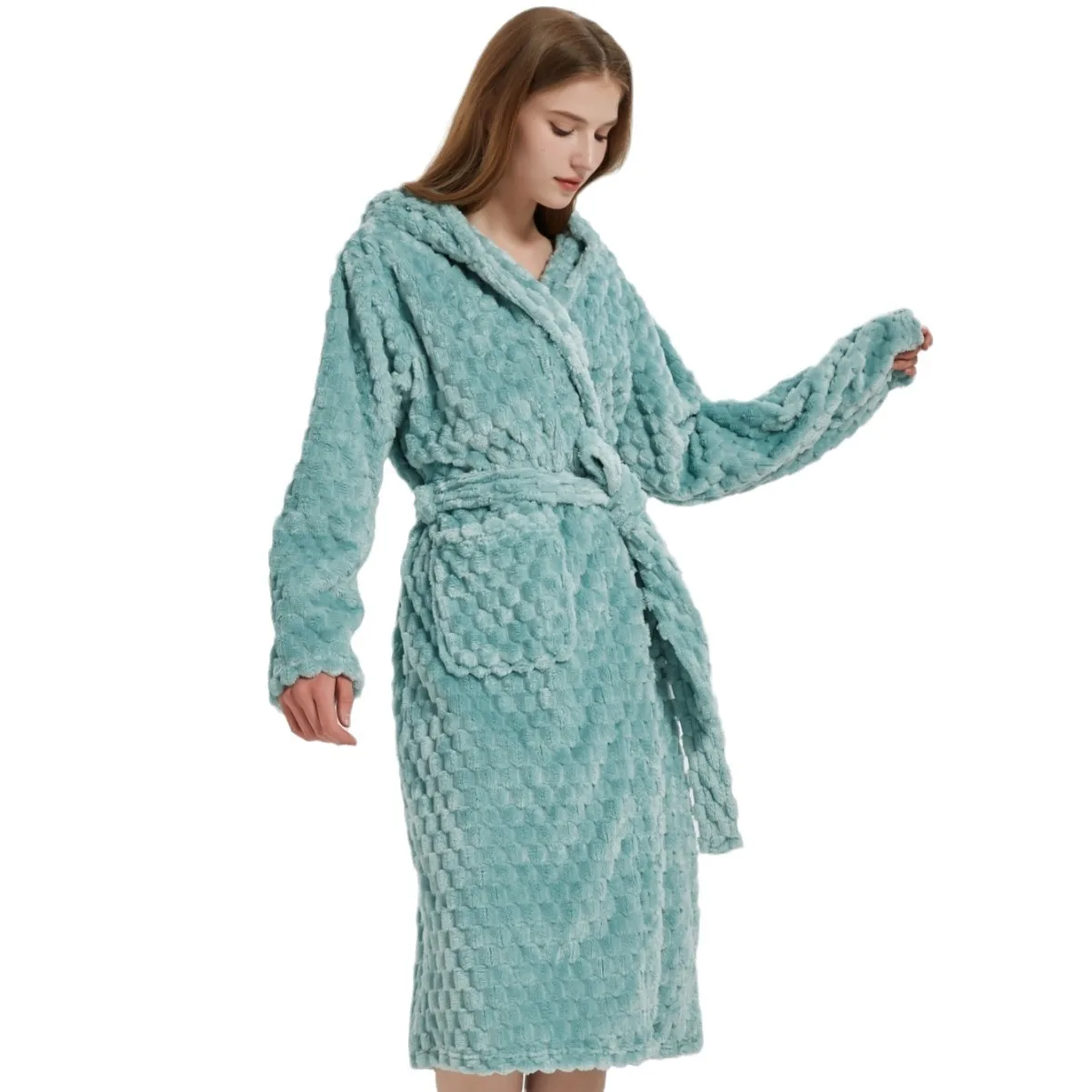 Autumn Winter New Plaid Flannel Robe Hooded Bathrobe Gown Sleepwear Thicken Coral Fleece Nightgown Lounge Wear Loose Home Dress