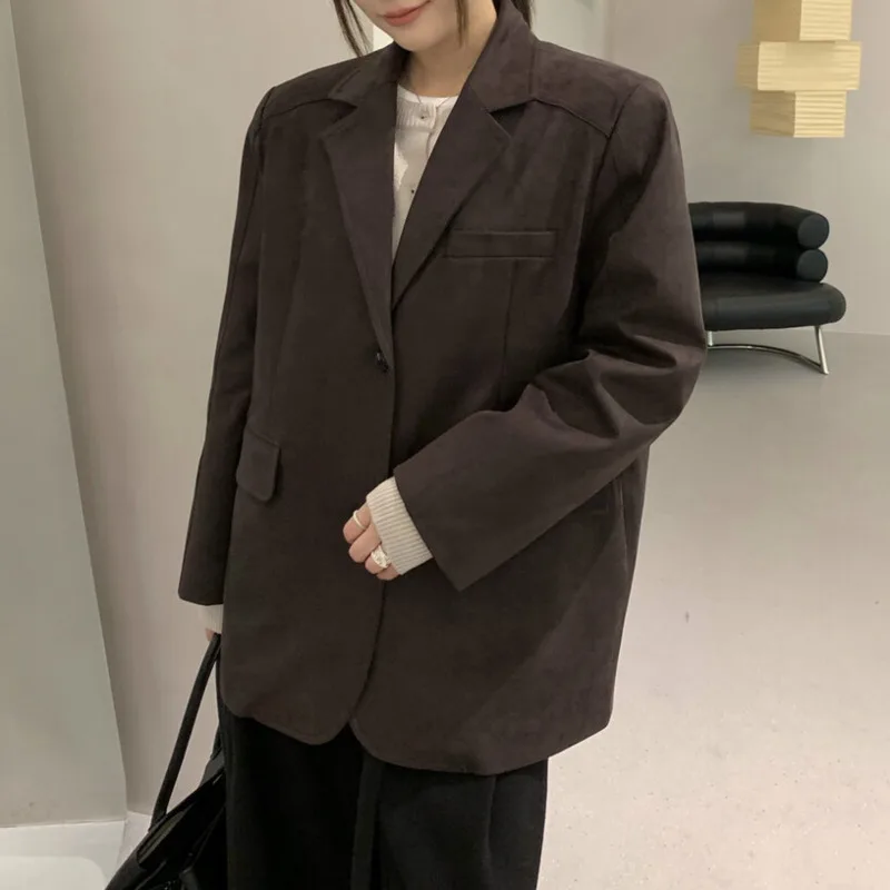 KWTX Damen-Blazer aus Wildleder, Vintage, elegant, mit zwei Knöpfen, verdickt, warm, A/W, einfarbig, schick, Designer, Neuankömmling, Premium-Qualität