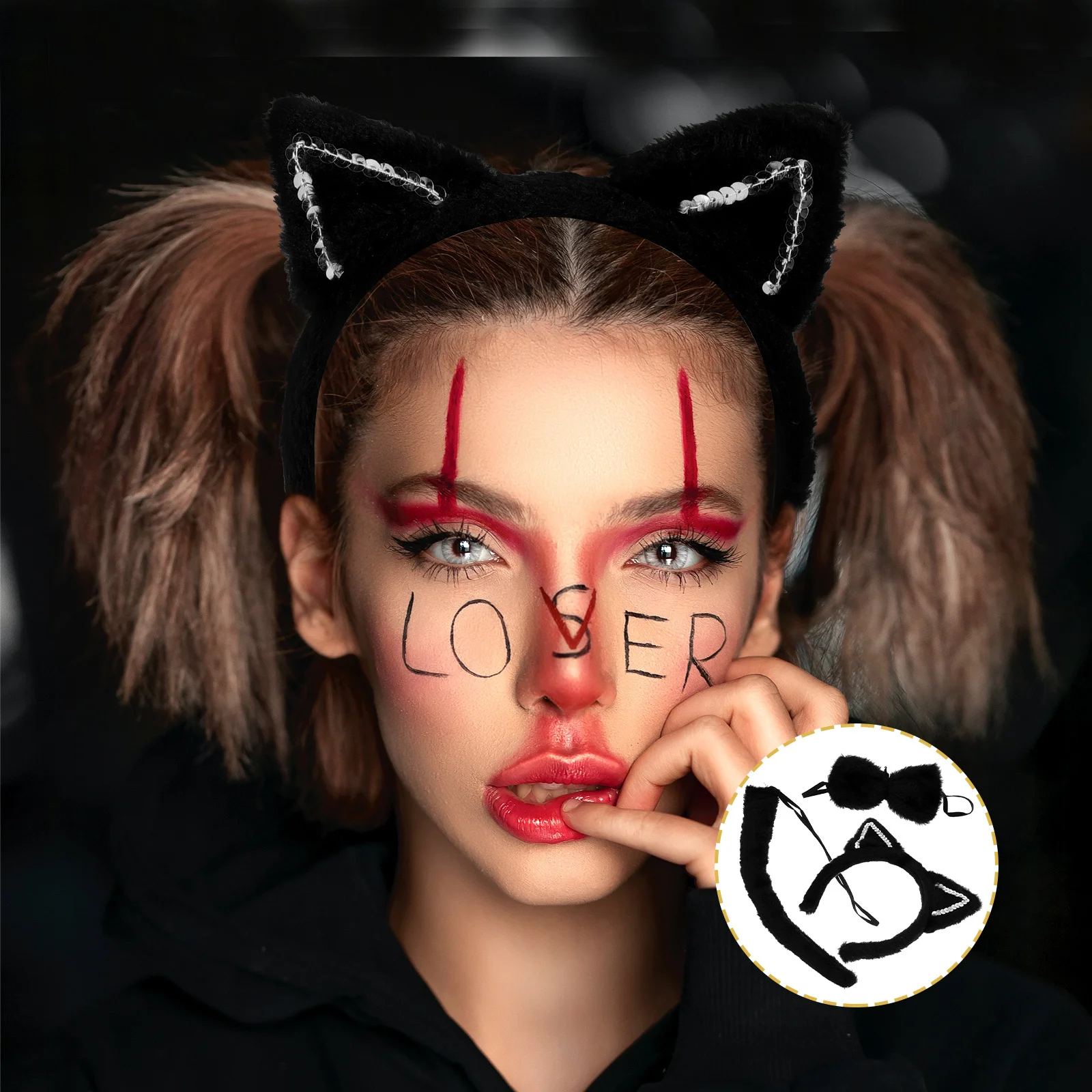 1 set Cat Ear Headband With Tail Set Cute Hair Decor For Women Party Cosplay Halloween Festival Photo Props Accessory
