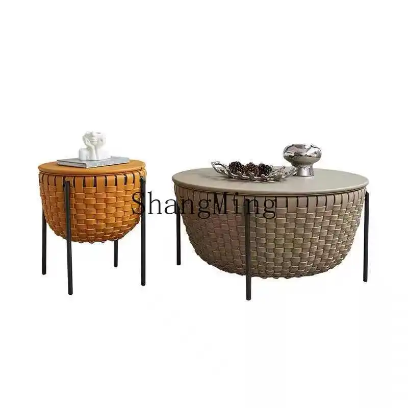 FGgoed uitziende lichte luxe minimalistische ronde salontafel met opbergruimte, klein appartement, hoogwaardige zijtafel van gevlochten zadelleer