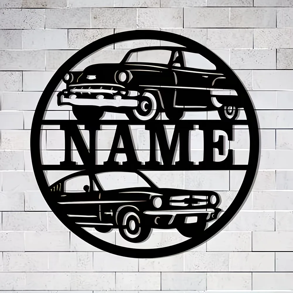 Custom Classic Car Metal Wall Art - Personalized Vehicle Silhouette Decor with Two Vintage Cars & Name Design