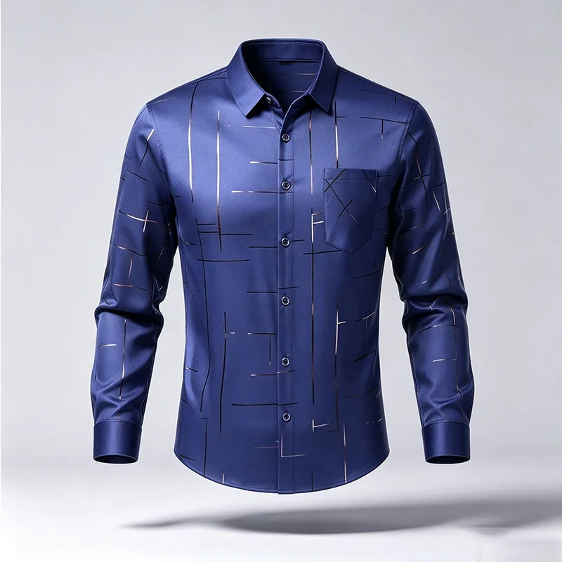 Men Long Sleeve Shirt Irregular Line Print Button Up Shirt Chest Pocket Dress Shirt Smooth Silky Fabric Daily Office Casual Top