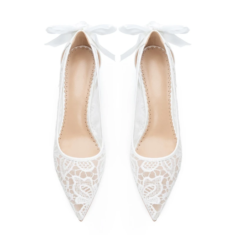 2026 Women's Ivory Lace Bowknot Pointed Toe High Heel Bridal Wedding Shoes 6.5/8.5cm Breathable Party Daily Dress Pumps Q-738