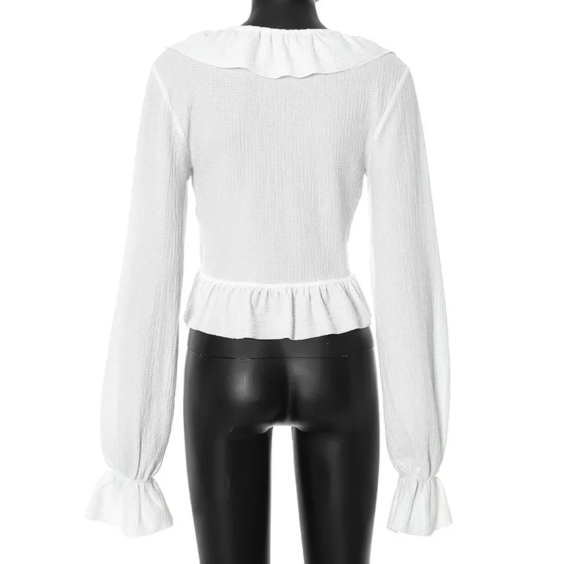 Babados rendas até cardigan colheita topos 2025 outono moda feminina sexy decote em v alargamento manga longa camisas de férias streetwear blusas