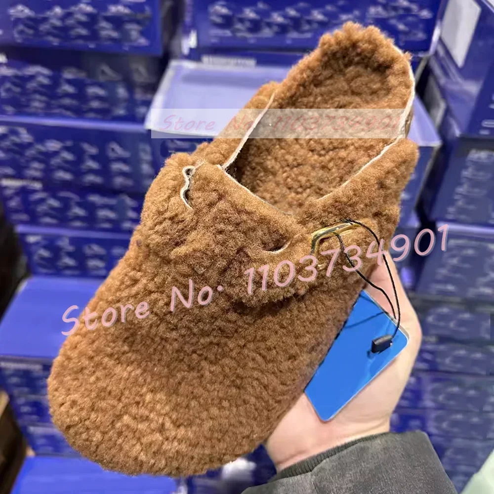 

Lamb Wool Cork Sole Flat Shoes Slippers Women Stylish Solid Round Toe Front Buckle Strap Female Lovely Casual Warm Furry Shoes