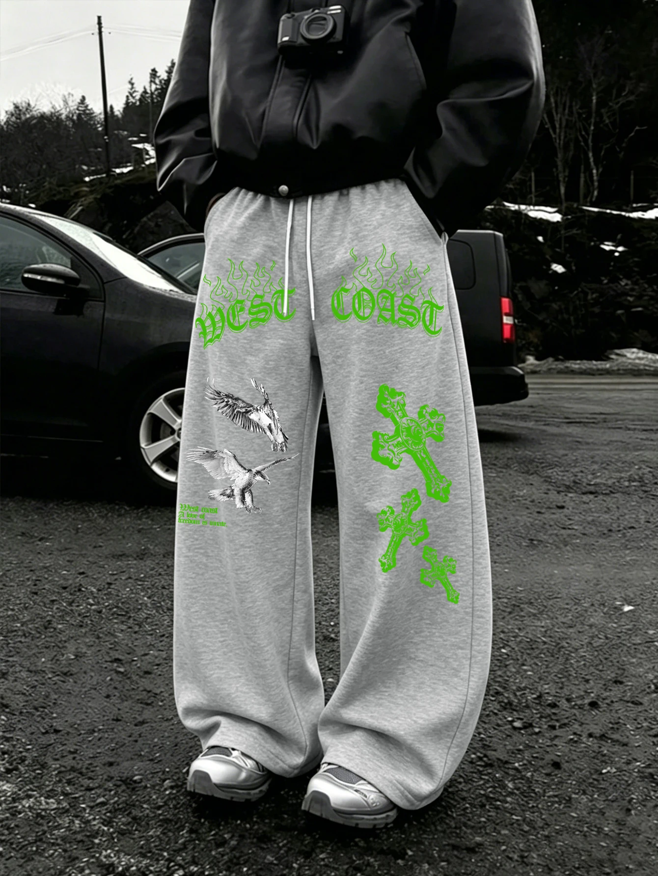Men Wide Leg West Coast Eagle Cross Sweatpants 100% Polyester Green Gothic Print Baggy Y2K Drawstring Jogger Pants