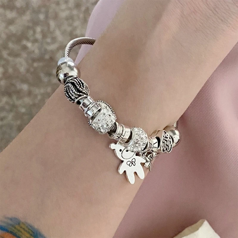 Antique Beaded Charm Bracelet Bear Pendant Hearts Love Adjustable Bracelet Bangle Women DIY Jewelry Gift