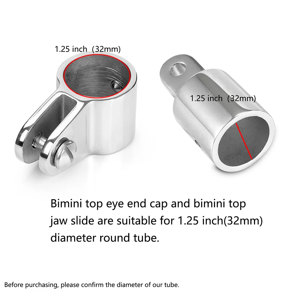 Marine Grade 316 Stainless Steel Bimini Top Jaw Slide and Eye End Cap, Fits 1-1/4 inch /32 mm OD Round Tube Hardware(1/2/4 Pcs)