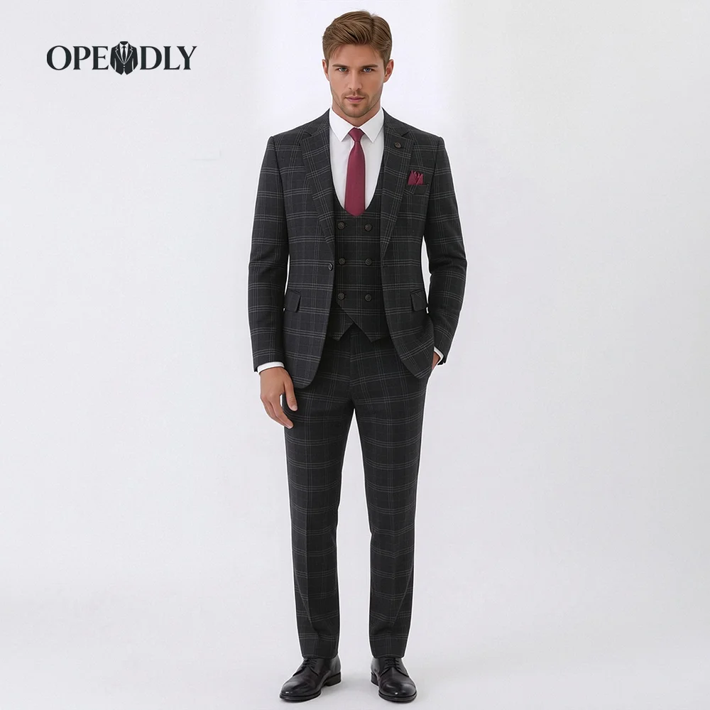 

OPEODLY Men's Slim Fit 3 Piece Tuxedo Suit - One Button Blazer Jacket Vest Pants Set for Formal Wedding And Business Occasions