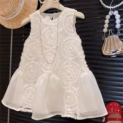 Girls Lace Mesh Dresses White Sleeveless Princess Dress Baby Birthday Party Gown Kids Clothes Summer Bowknot Puffy Skirt 2-8Y