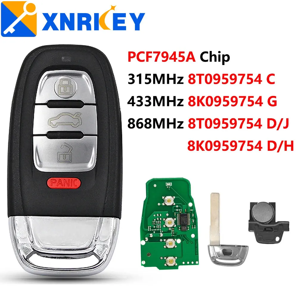 

XNRKEY 4 Button Car Remote Key PCF7945 Chip 315/433/868Mhz for Audi Q5 A4L A5 A6 A7 A8 RS4 RS5 S4 S5 with Uncut Blade Car Key