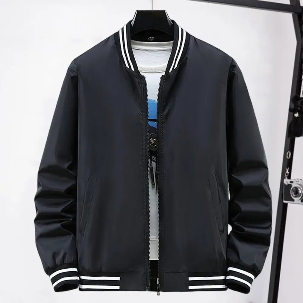 Sports Jacket Stylish Men's Baseball Jacket with Stand Collar Long Sleeve Striped Patchwork Design Zipper Placket for Gym