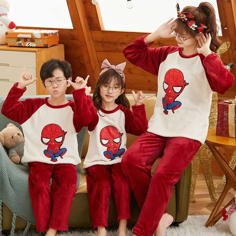 Marvels Spiderman Children Adults Flannel Pajamas Set Coral Fleece Baby Boys Girls  Children Winter Parent-child Home Service