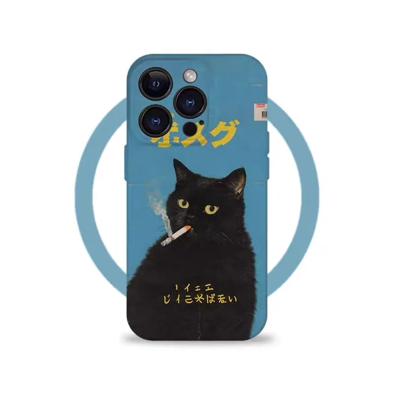 Black Smoking Cat Phone Case for IPHONE 18 17 Air 16E 15 PROMAX 14 Plus 13 12 MINI 11PRO 16Plus XR X Magsafe Acrylic Phone Cover